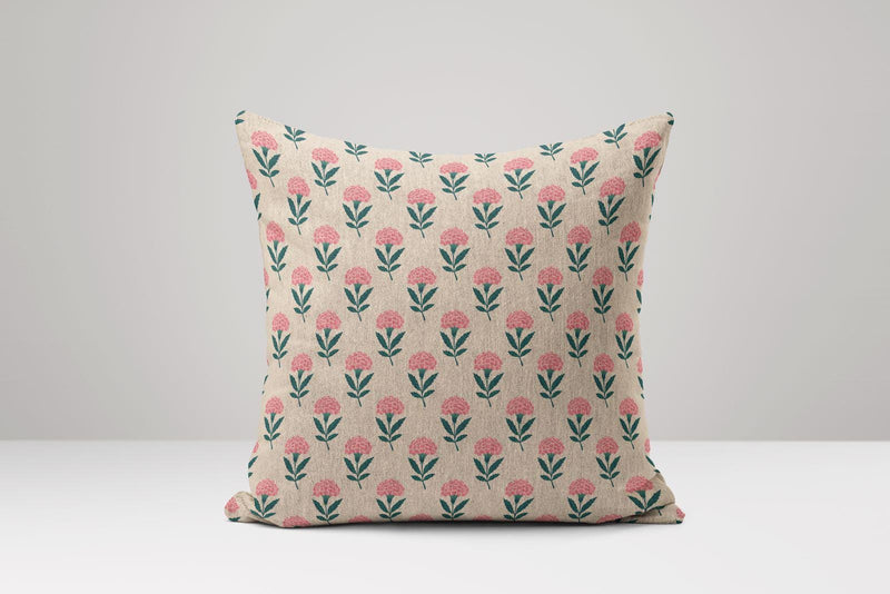 Floral Block Print Pillow Cover: Linen Cotton Cushion, Pink Flowers