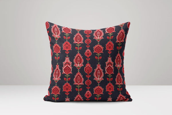 Red Floral Block Print Pillow Cover: Bohemian Linen-Cotton Cushion