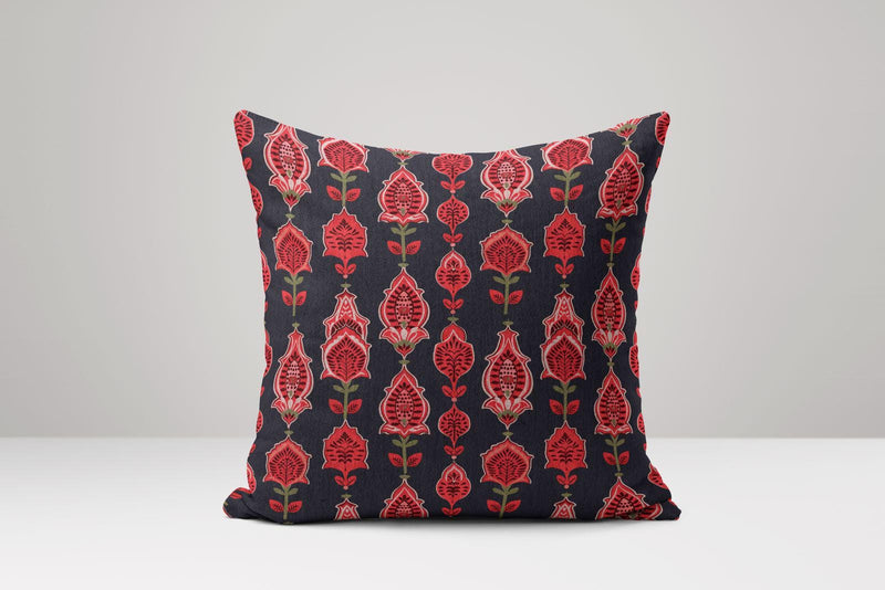 Red Floral Block Print Pillow Cover: Bohemian Linen-Cotton Cushion