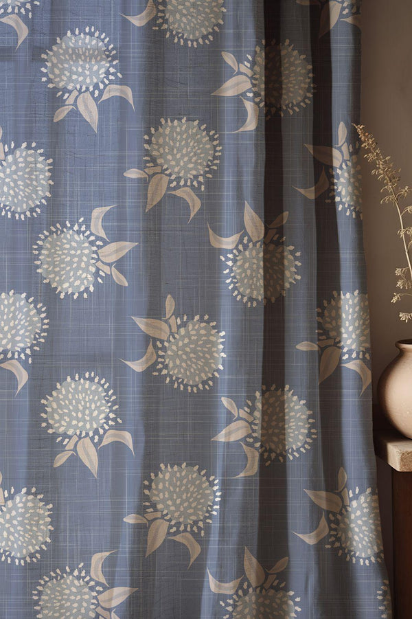 Floral Linen-Cotton Curtain Panel: Blue Beige Botanical Print