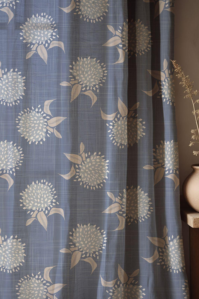 Floral Linen-Cotton Curtain Panel: Blue Beige Botanical Print