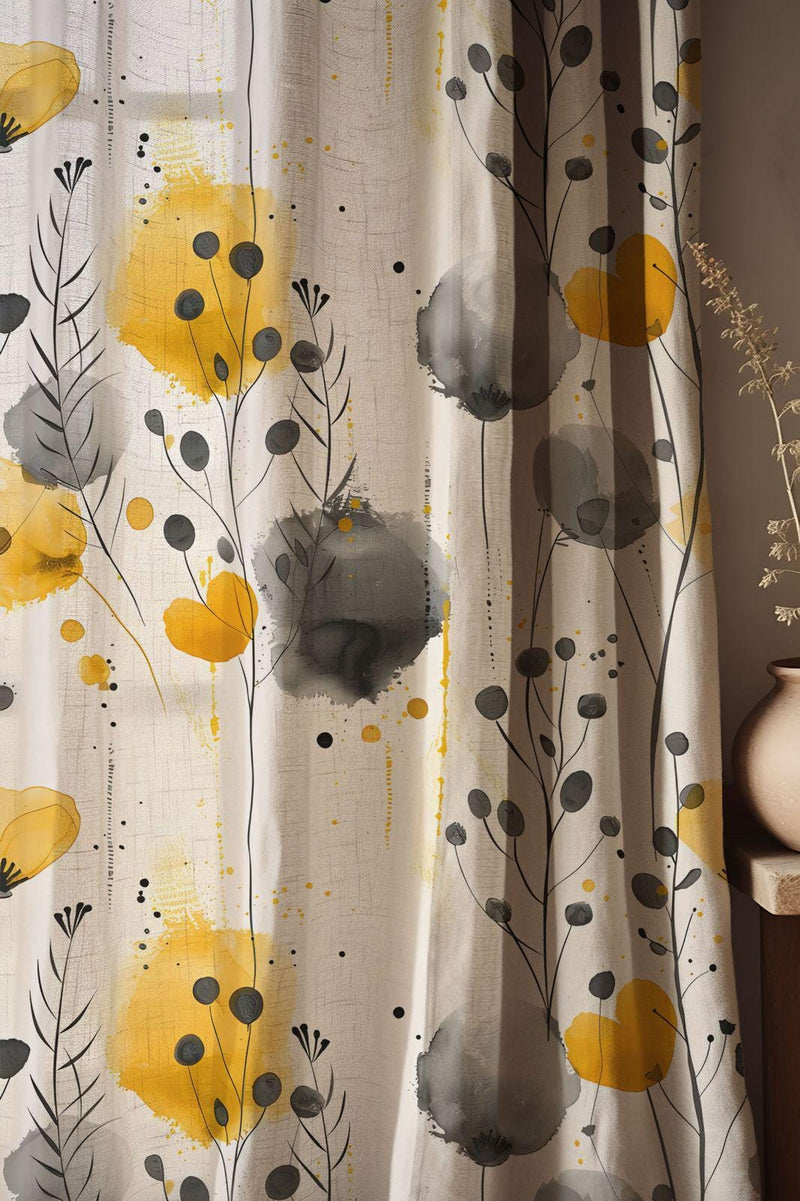 Abstract Floral Watercolor Curtains – Linen-Blend Drapes with Modern Yellow and Gray Botanical Brushstroke Design