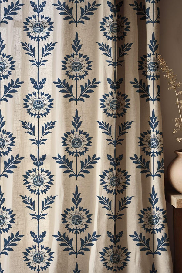 Navy Blue Sunflower Linen Blend Curtains: Elegant Floral Drapes