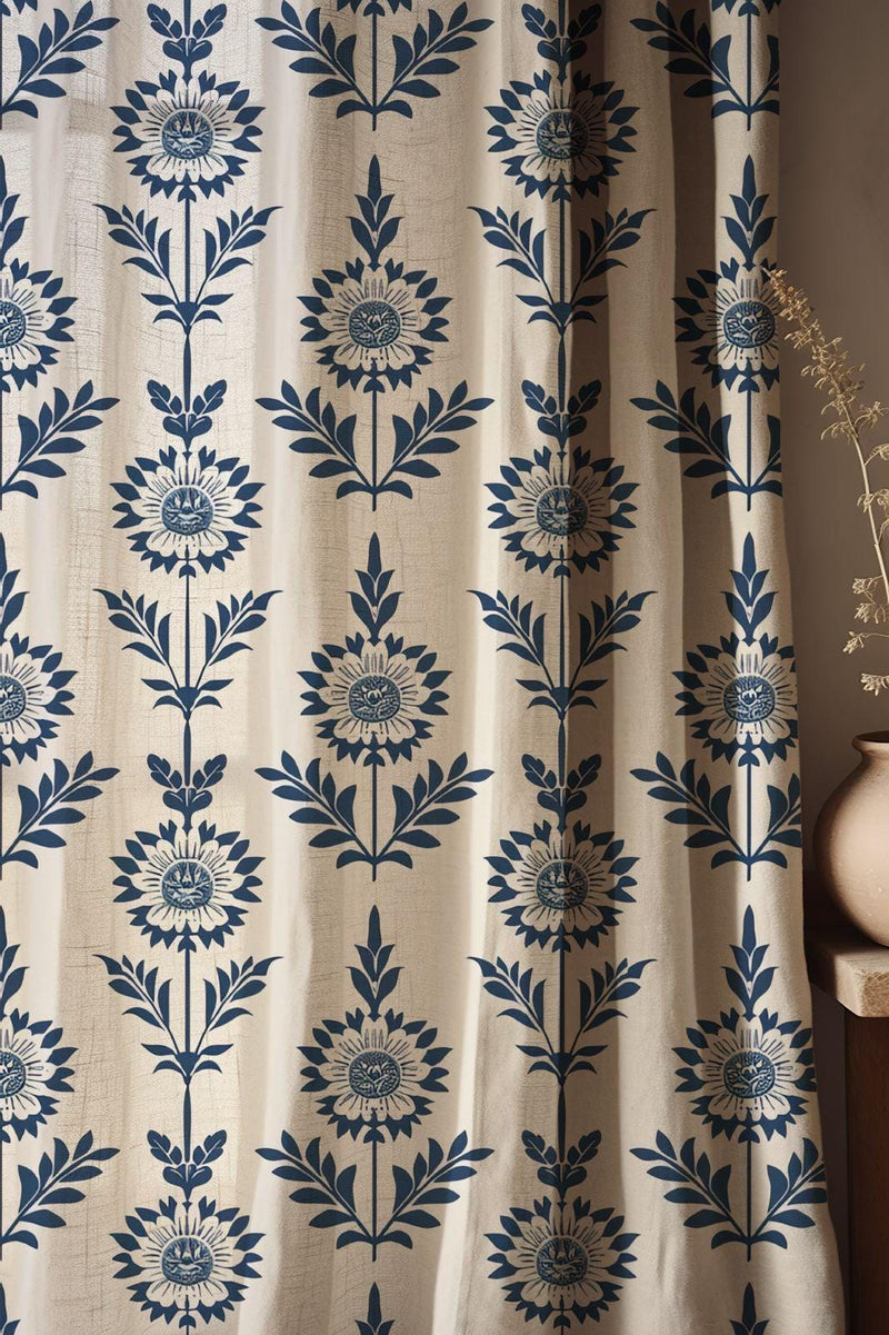Navy Blue Sunflower Linen Blend Curtains: Elegant Floral Drapes