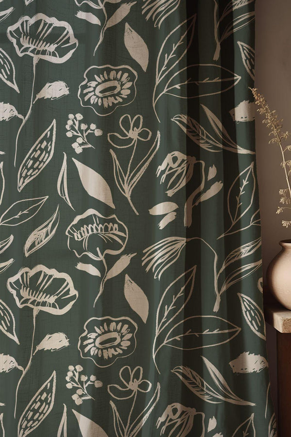 Green Linen Curtains: Cream Floral Print, Boho Window Panels