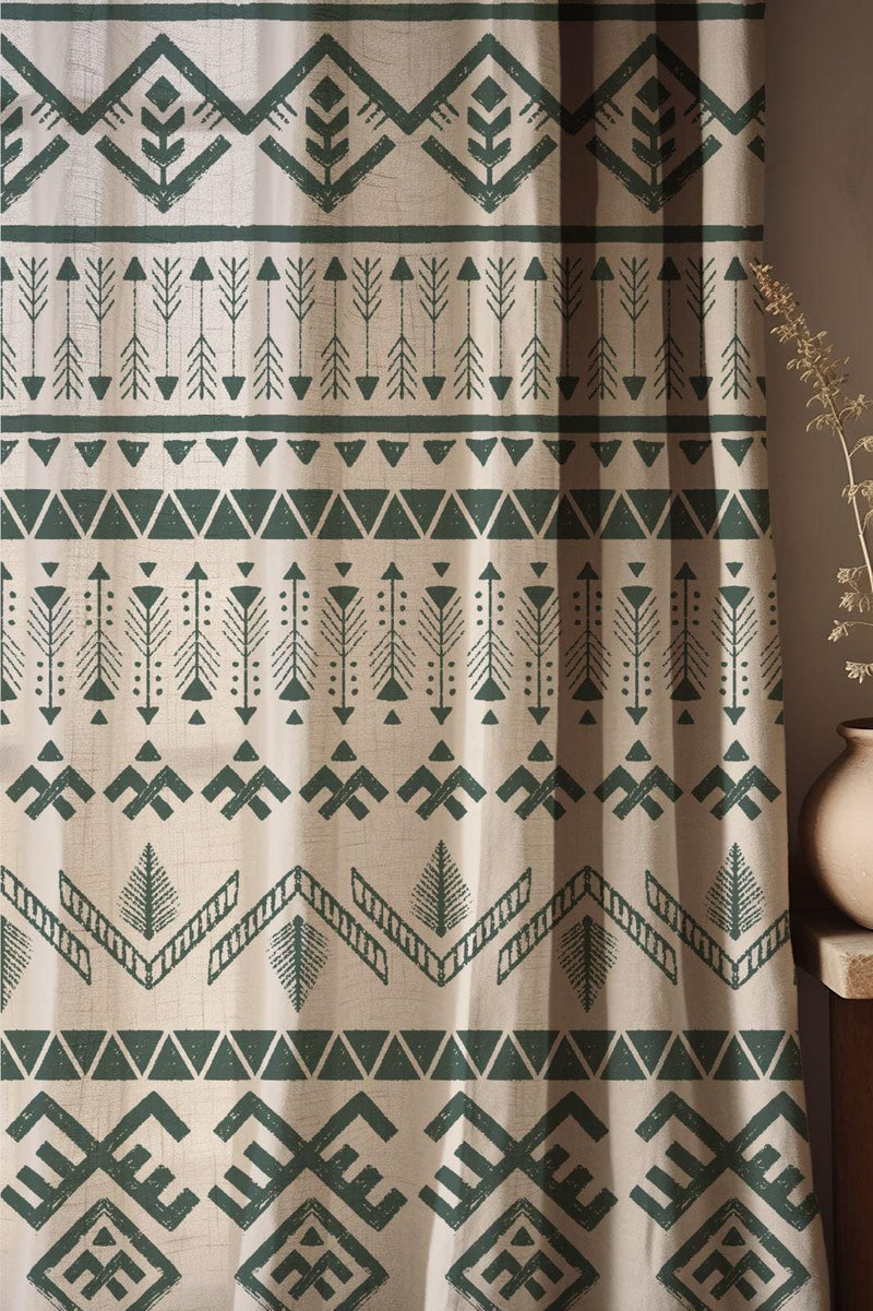 Tribal Geometric Linen-Cotton Curtain: Earthy Green Boho Window Panel