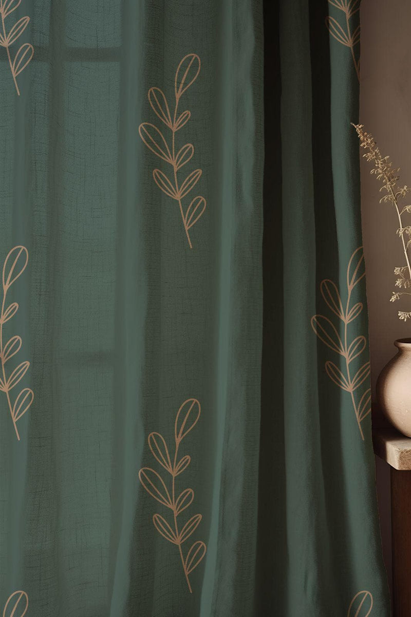 Green Linen-Cotton Curtains: Botanical Leaf Print, Modern Drapes