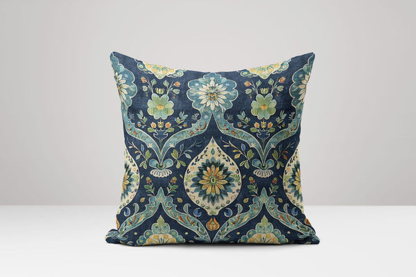 Navy Blue Floral Linen Pillow Cover: Vintage Botanical Cushion