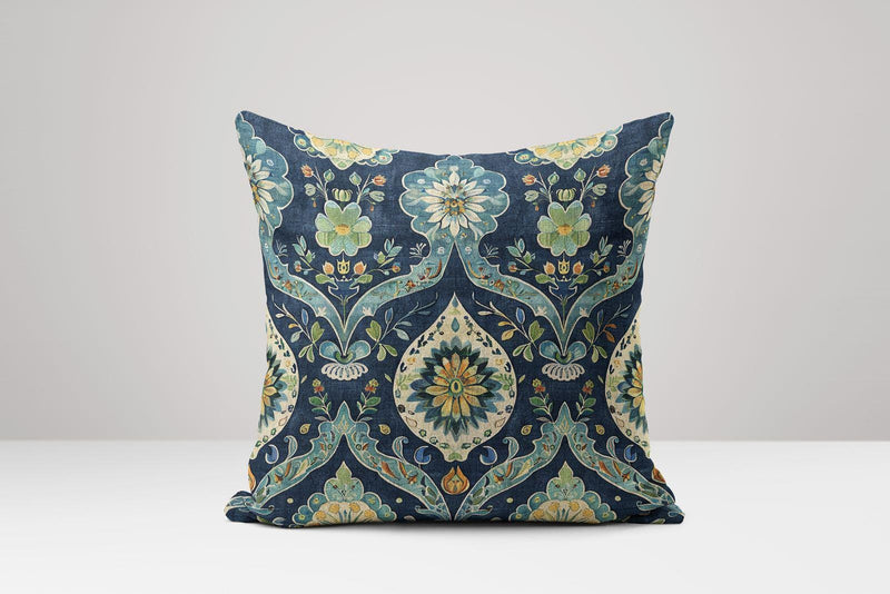 Navy Blue Floral Linen Pillow Cover: Vintage Botanical Cushion