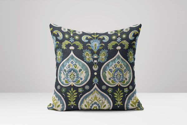 Dark Blue Floral Damask Linen Pillow Cover: Bohemian Cushion