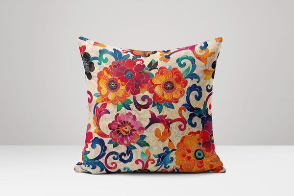 Bohemian Floral Ikat Linen Pillow Cover: Colorful Home Decor