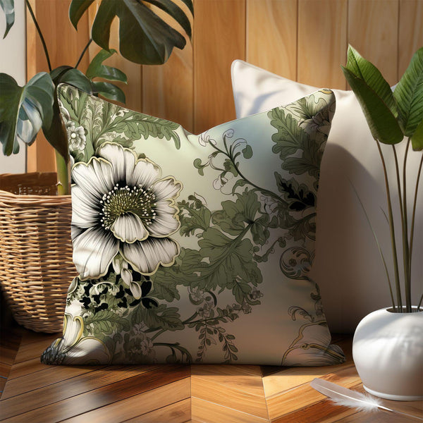 Vintage Floral Linen Pillow Cover: Green & White Botanical Cushion