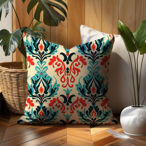 Colorful Damask Throw Linen-Cotton Pillow Case – Bold Decorative Cushion for Elegant Home Styling