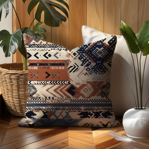 Geometric Aztec Linen Pillow Cover – Earthy Tones Decorative Cushion for Living Room & Bedroom