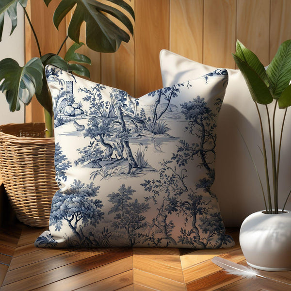 French Toile Throw Linen Pillow Case  – Vintage-Inspired Decorative Cushion for Elegant Home Décor