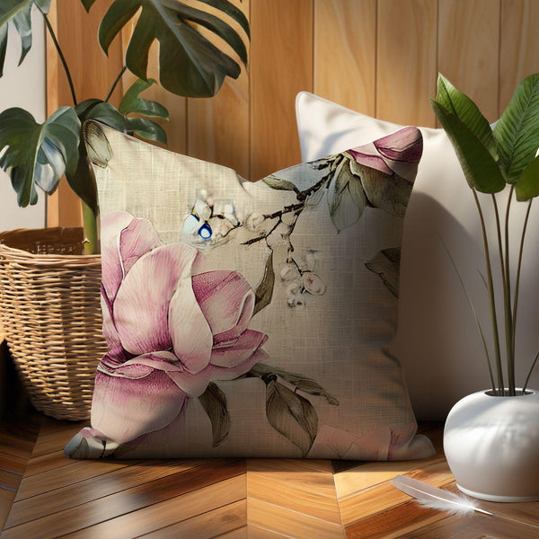 Vintage Magnolia Throw Linen Pillow Cover – Soft Floral Cushion for Elegant Home Décor