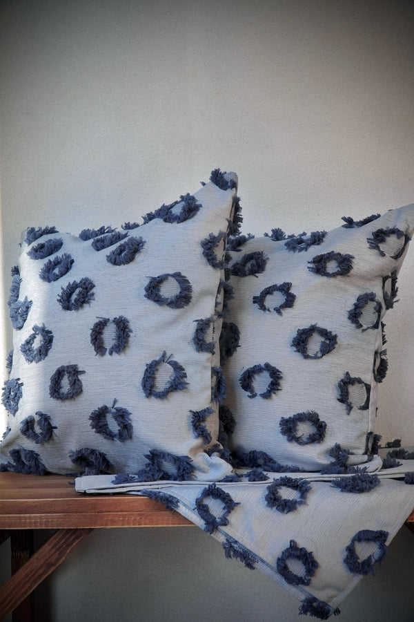 Boho Linen Pillow Cover: Blue Tufted Throw Cushion