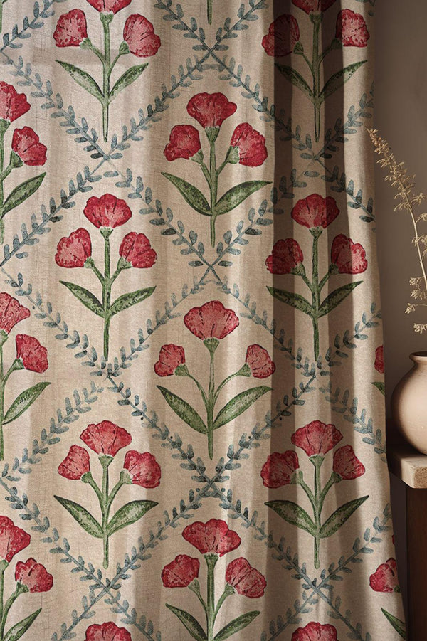 Floral Linen Curtain: Rustic Red & Green Botanical Print
