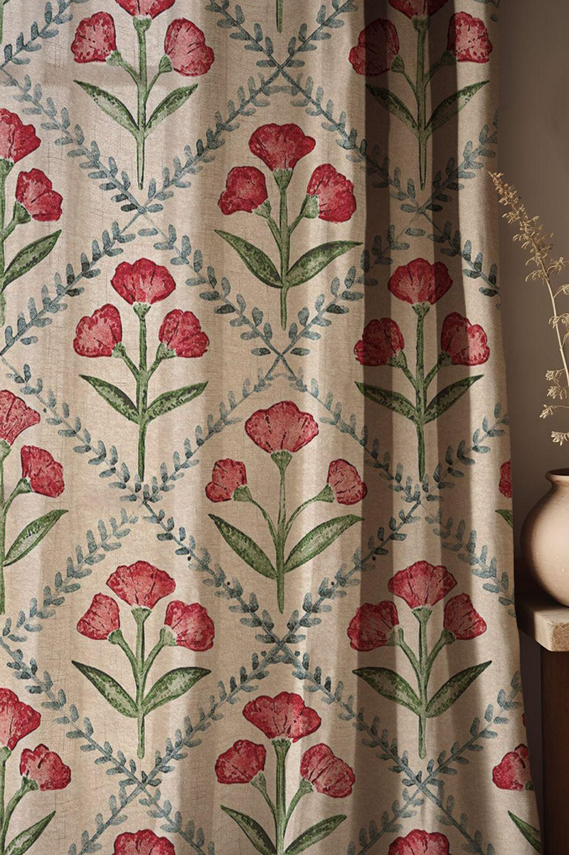 Floral Linen Curtain: Rustic Red & Green Botanical Print