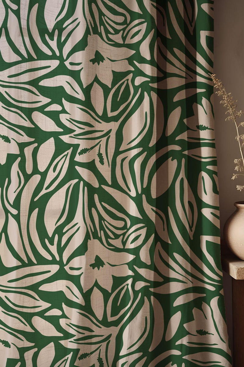 Modern Botanical Linen Curtains - Bold Green & Beige Abstract Floral Drapes, Nature-Inspired Minimalist Window Treatment