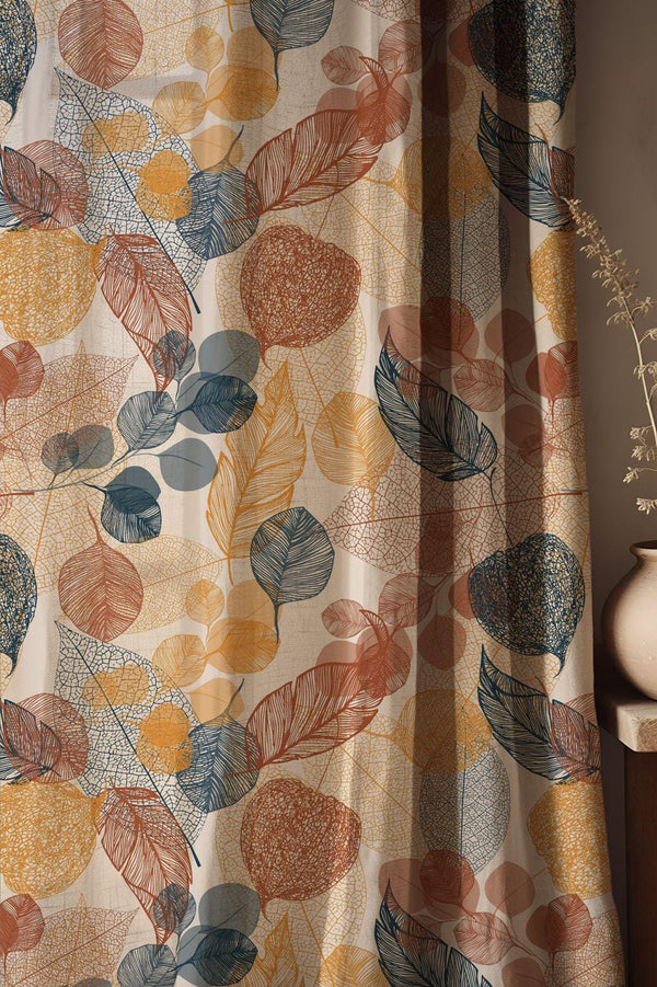 Botanical Leaf Print Linen Curtains: Earth Tone Window Drapes