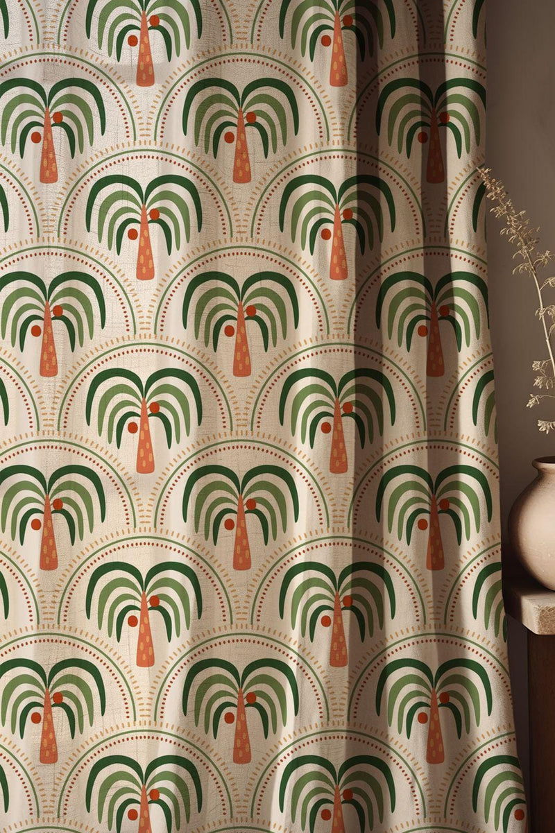 Retro Palm Tree Linen Blend Curtains: Tropical Oasis Decor