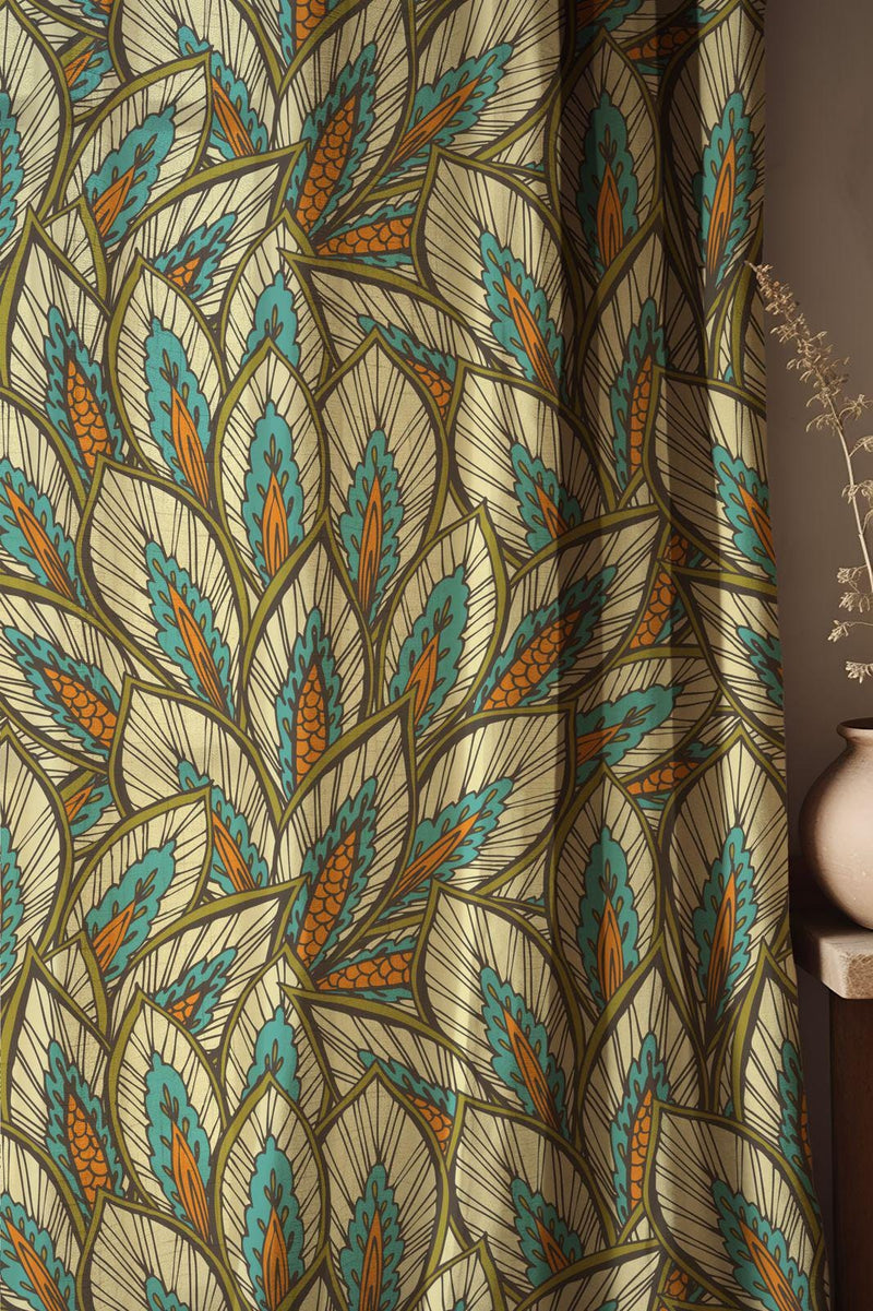 Art Deco Leaf Curtains: Teal & Orange Botanical Print, Linen Blend