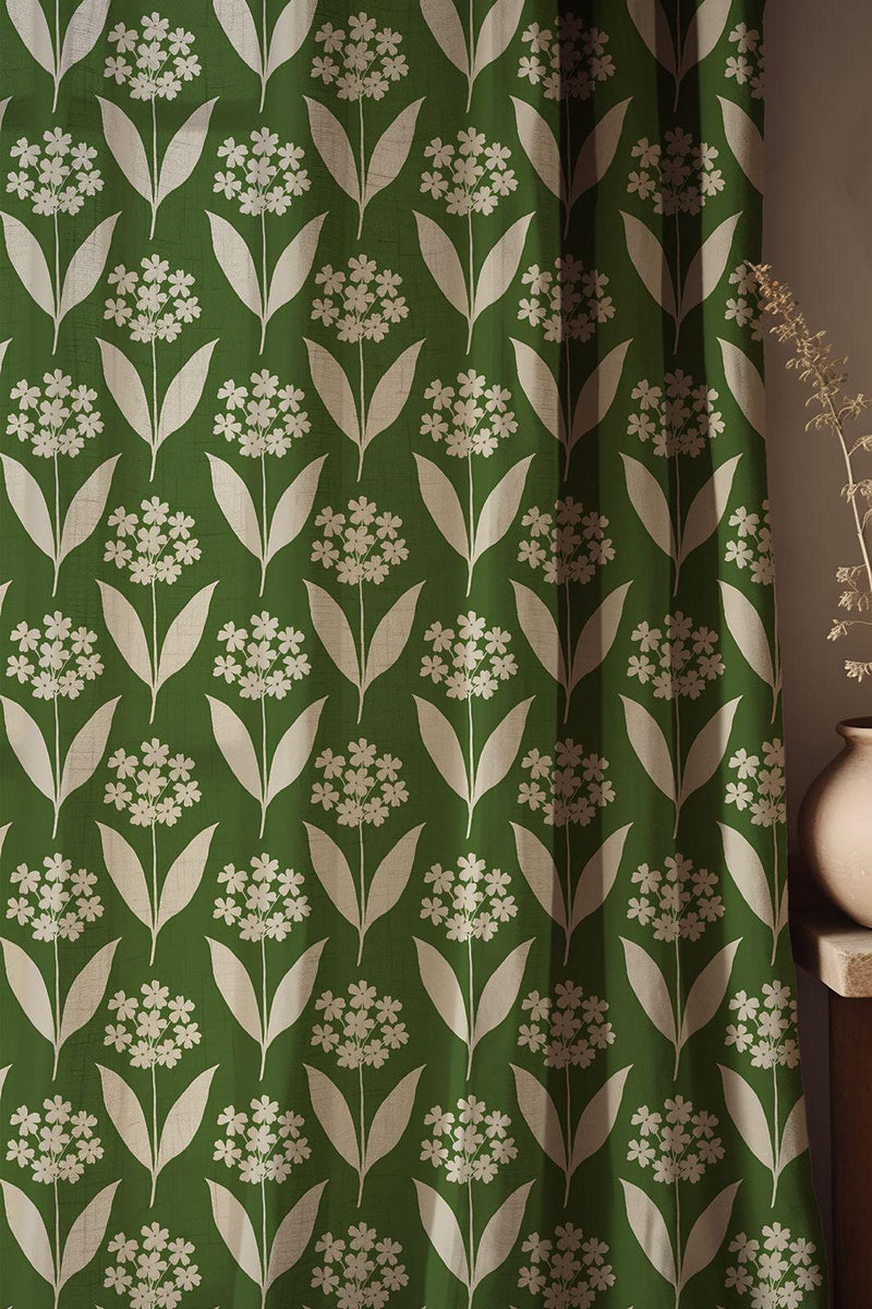 Scandinavian Floral Linen Curtains - Green & Beige Minimalist Botanical Drapes, Modern Farmhouse Decor
