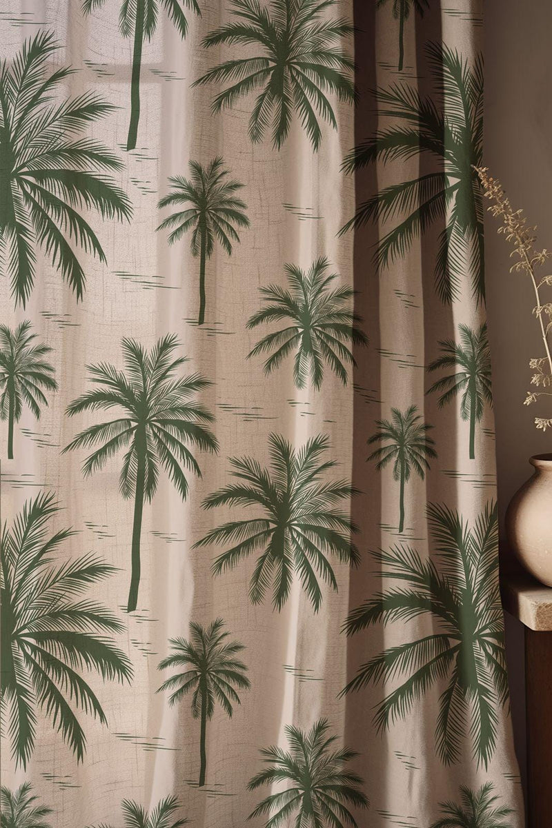 Tropical Palm Tree Linen Curtains: Coastal Beach House Decor