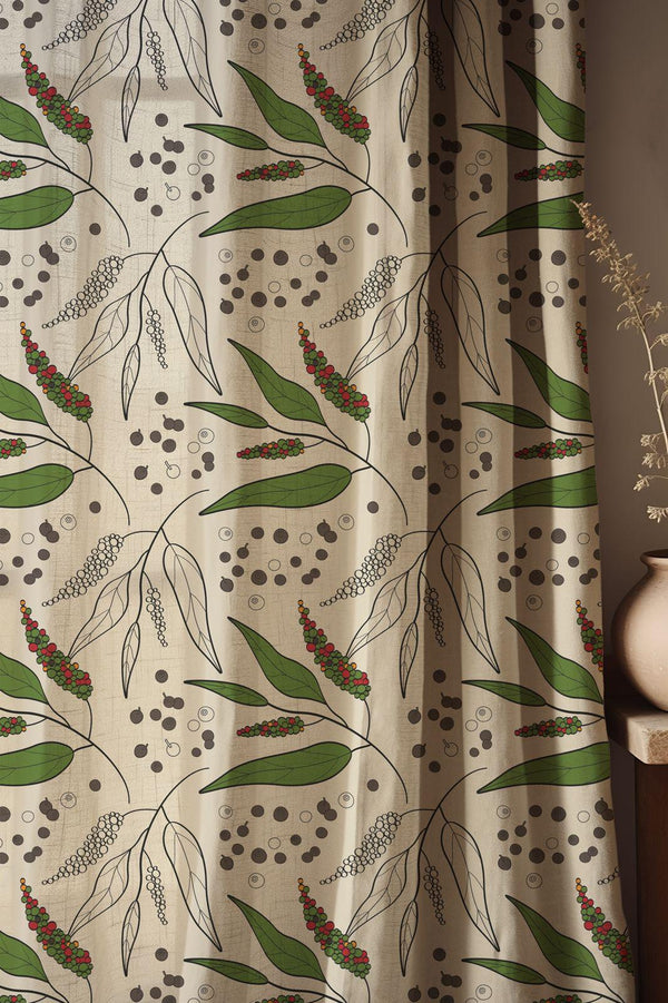 Botanical Linen Curtains: Green Leaf Print, Eco Home Decor