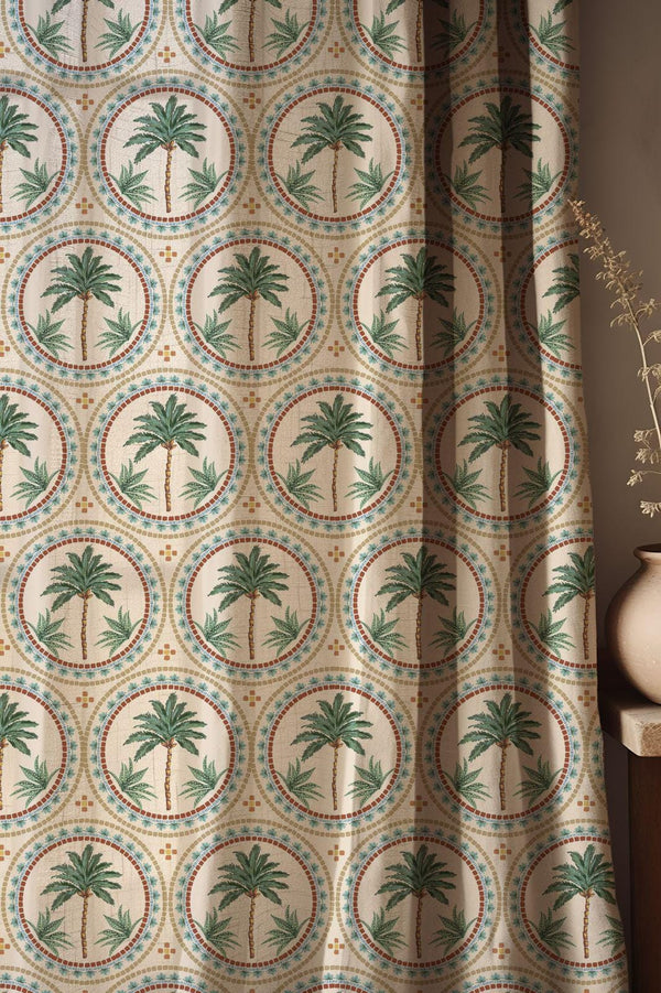 Palm Tree Linen Curtains: Vintage Mosaic Print, Boho Coastal Decor