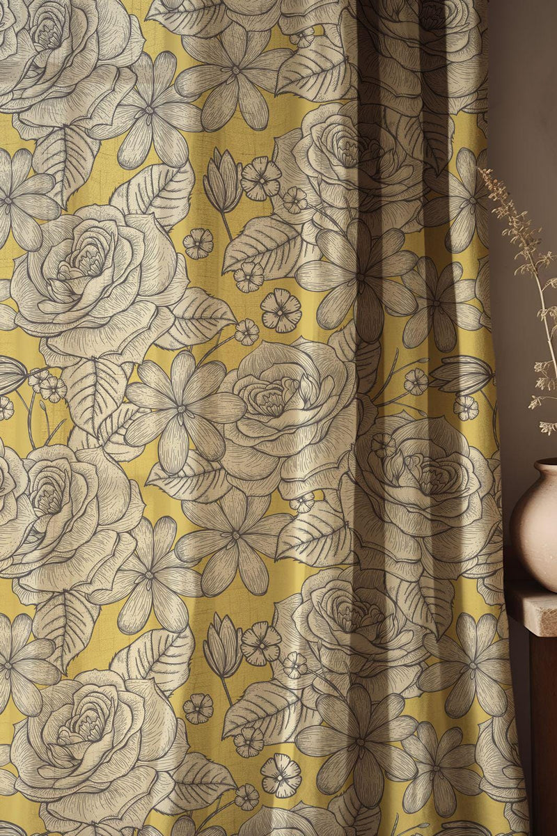 Floral Linen Curtains: Vintage Botanical Sketch, Yellow Garden Window Drapes