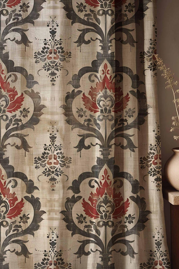 Vintage Damask Linen Curtains - Rustic Red & Black Floral Drapes - Boho Farmhouse Window Treatment