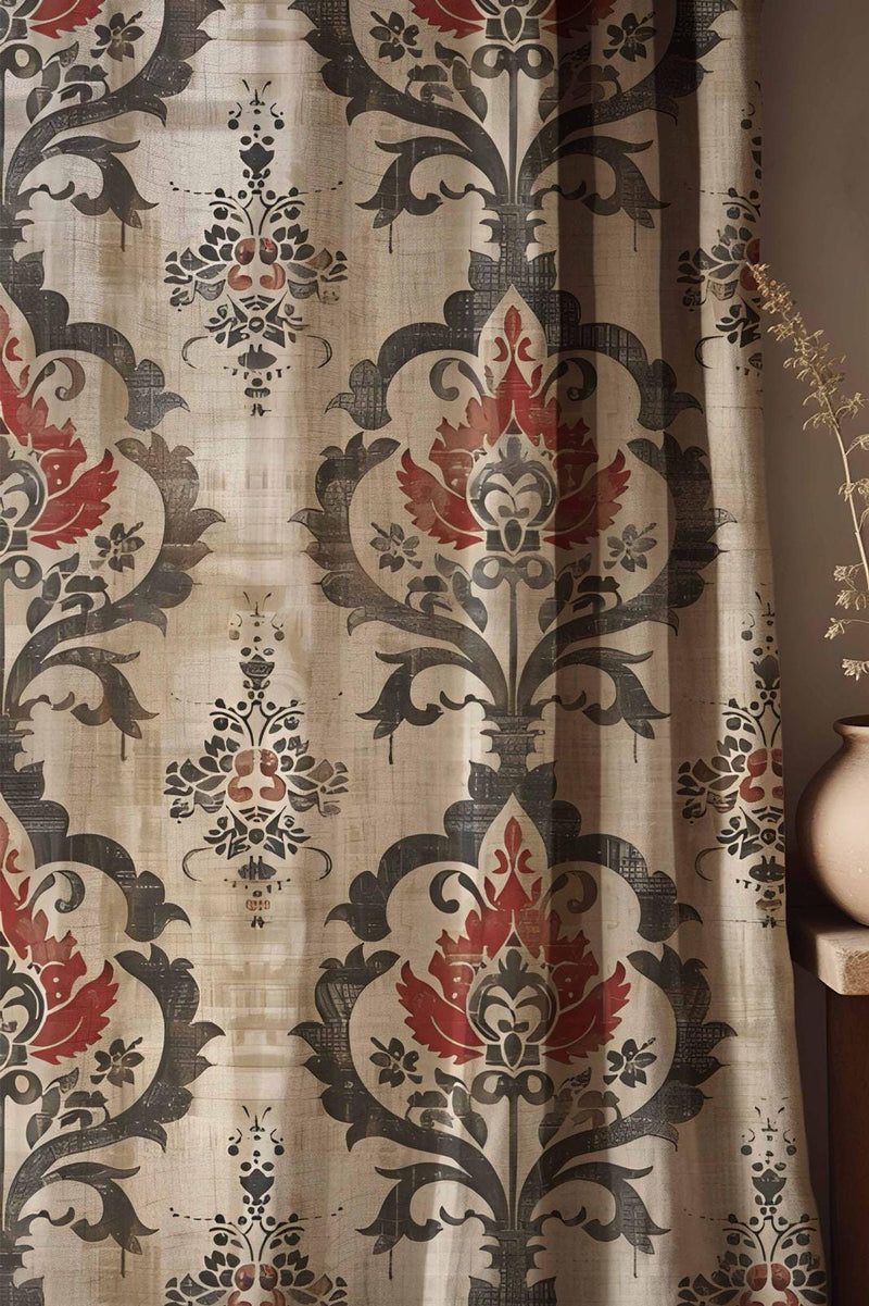 Vintage Damask Linen Curtains - Rustic Red & Black Floral Drapes - Boho Farmhouse Window Treatment