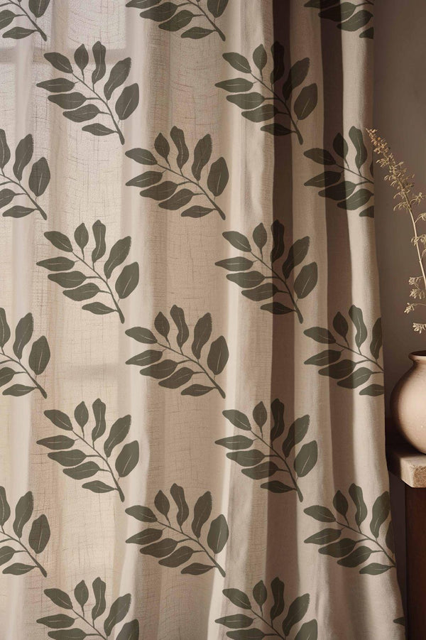 Botanical Linen Curtains: Green Leaf Print, Rustic Farmhouse Style