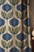 Floral Linen Curtains: Mid-Century Modern Blue & Olive Botanical Drapes - Image 1