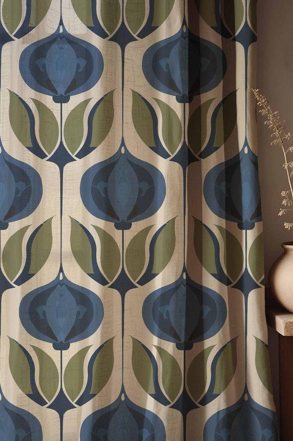 Floral Linen Curtains: Mid-Century Modern Blue & Olive Botanical Drapes