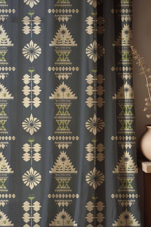 Boho Linen Curtains: Dark Ethnic Geometric Print, Earthy Tones