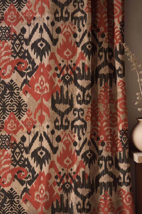 Bohemian Ikat Linen Curtains: Rustic Red & Black Tribal Drapes