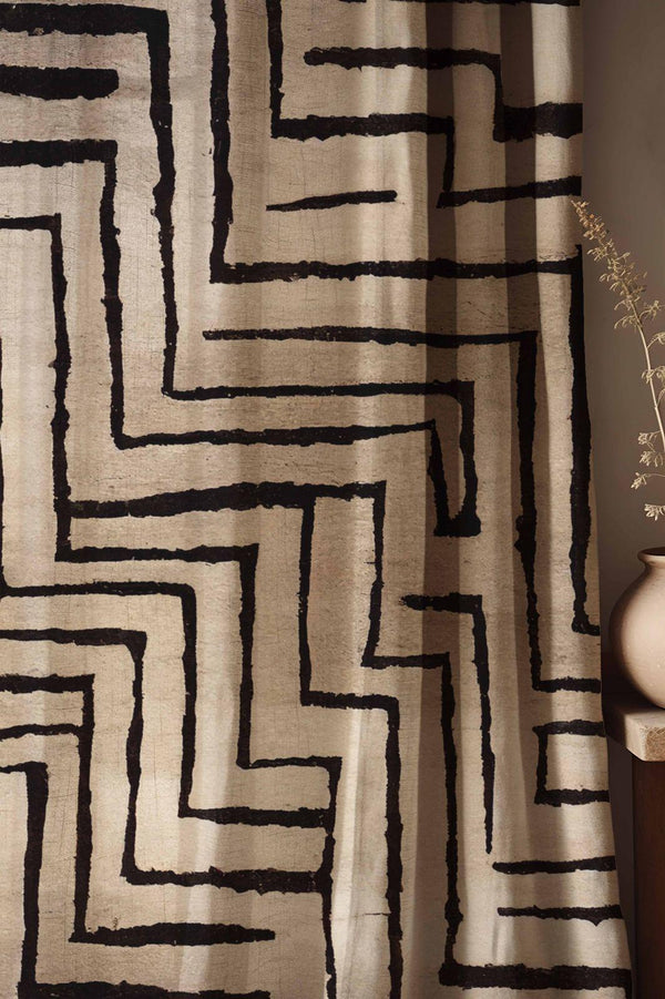 Tribal Maze Linen Curtains: Black & Beige Geometric Drapes