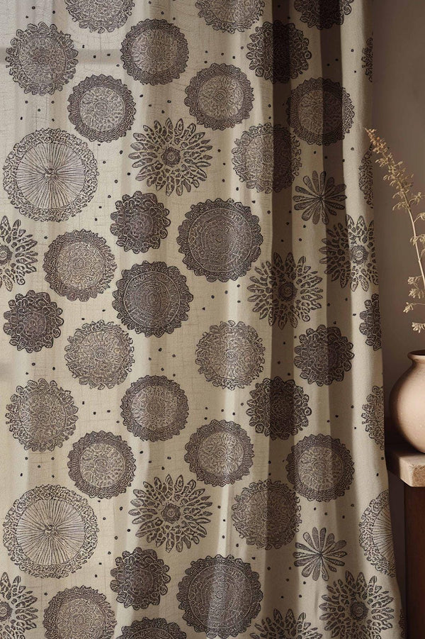 Bohemian Mandala Linen Curtains: Black & Beige Boho Drapes