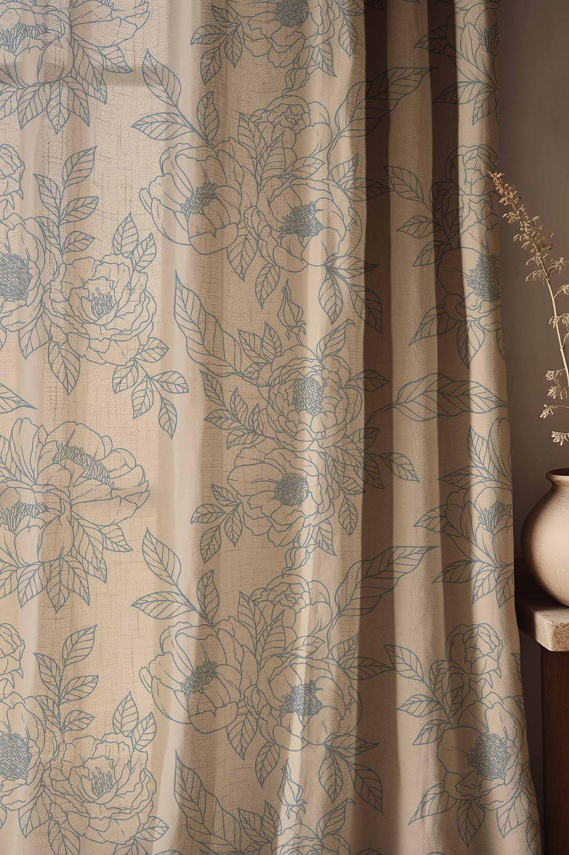 Peony Linen Curtains: Hand-Drawn Floral Drapes, Blue & Beige