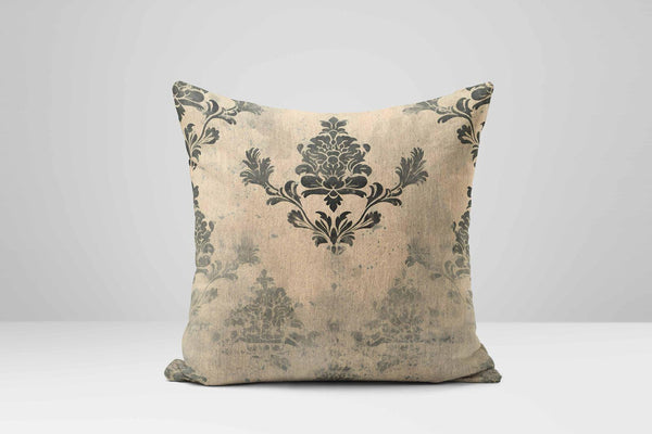 Damask Pillow Cover: Beige Linen Cushion with Black Floral Print