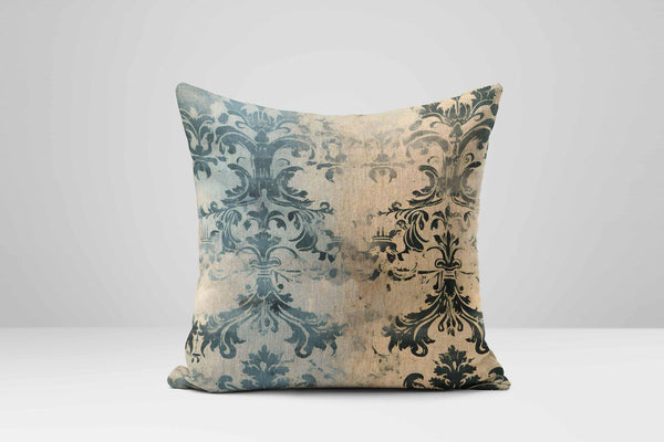 Faded French Damask Pillow Cover: Blue & Beige Rustic Chic Cushion