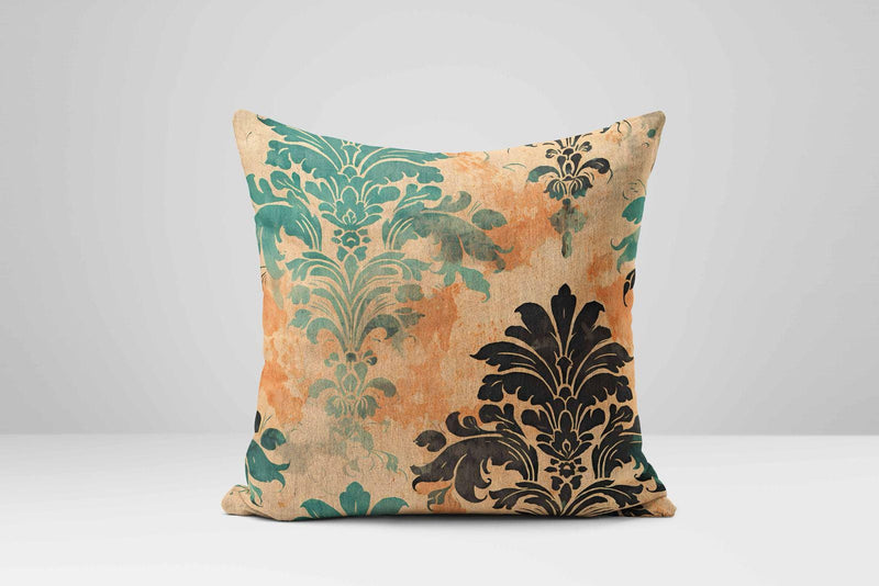 Distressed Damask Pillow Cover: Rustic Beige, Teal & Black Floral