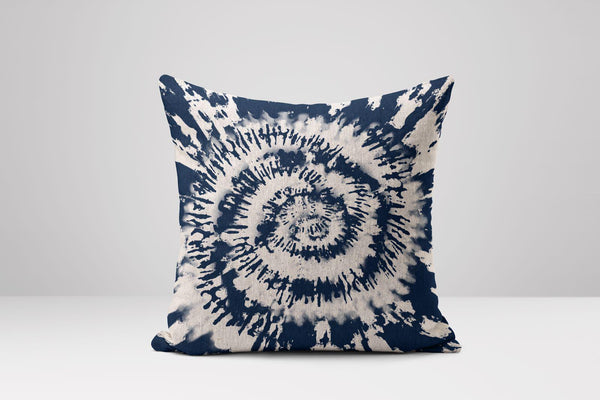 Indigo Tie-Dye Pillow: Boho Navy Spiral Cotton Linen Cushion