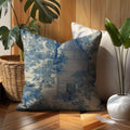 Blue Toile Linen Pillow Cover – Elegant Farmhouse Cushion for Living Room & Bedroom - Image 1