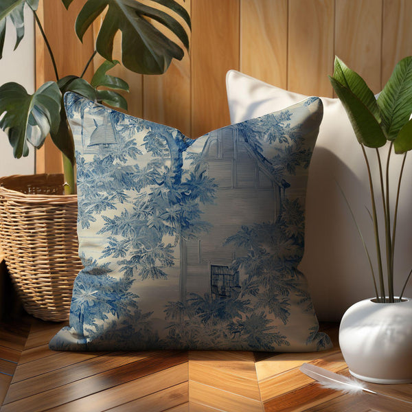 Blue Toile Linen Pillow Cover – Elegant Farmhouse Cushion for Living Room & Bedroom