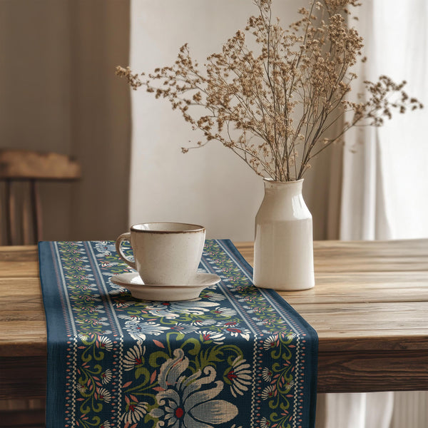 Dark Blue Floral Table Runner: Boho Cotton Dining Accent