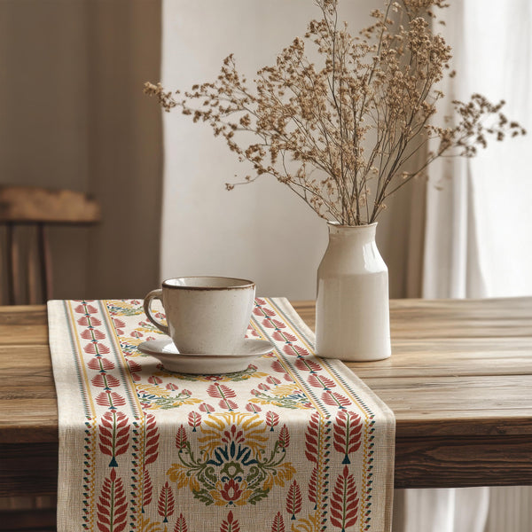Boho Floral Table Runner – Rustic Cotton Dining Decor, Vintage-Inspired Table Accent, Neutral Home Style